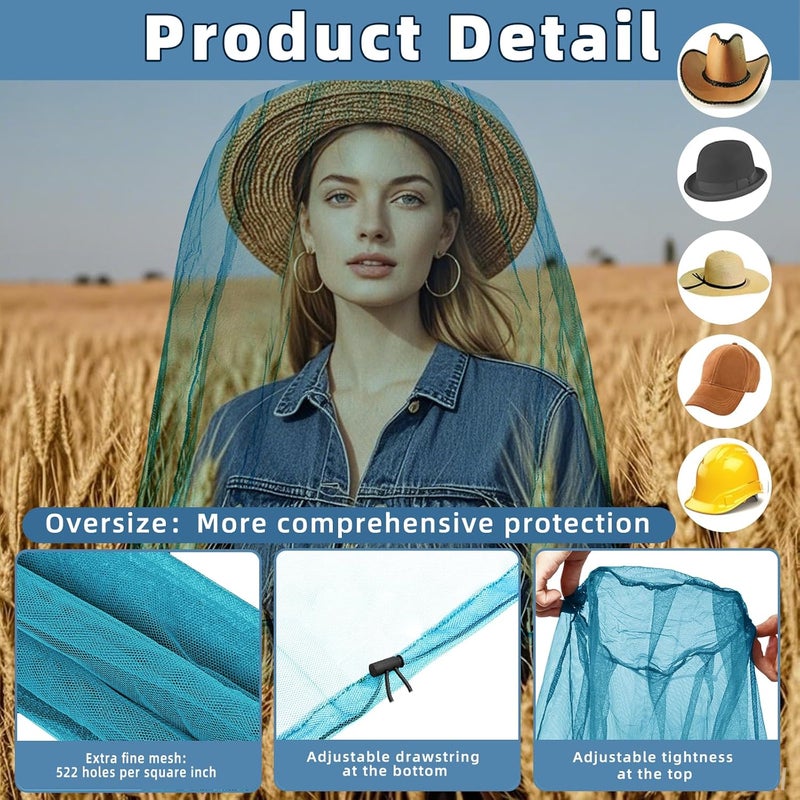 JayruiMice 2 Pack Ultra Large Mosquito Net 42x25 Inches Mosquito Head Net Oversized Insect Netting Bug Fits Most Hats for Gardening Hiking Fishing Traveling(Blue) - Image 3